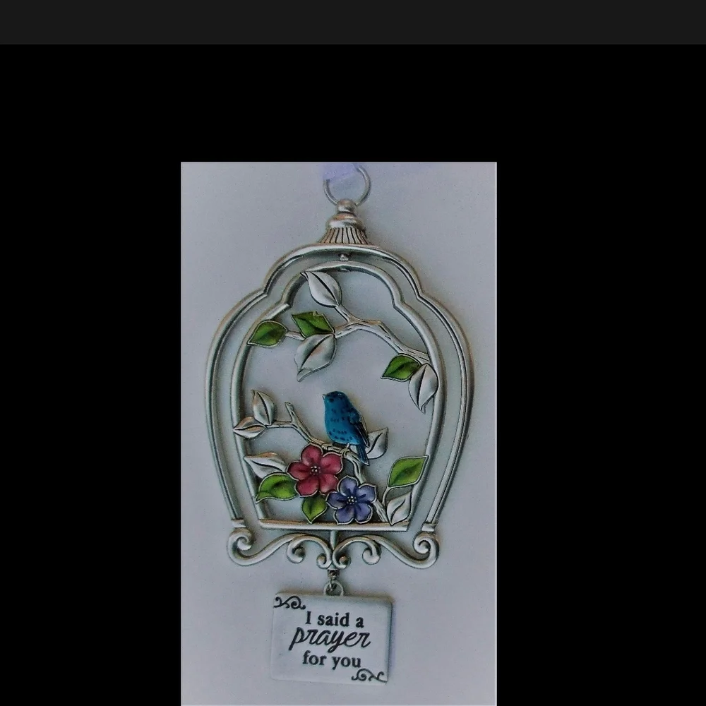 Charming Silver Bird Cage Ornament with Blue Bird and Floral Design